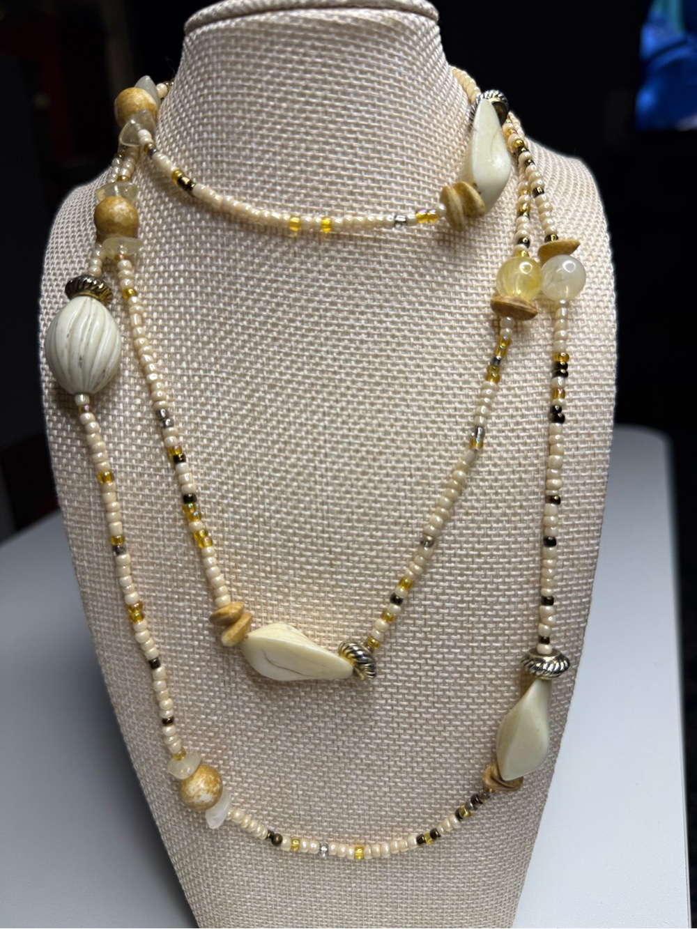 Boho Beaded Lariat Necklace Long Ivory Glass Seed Bead Artisan 23” No Clasp